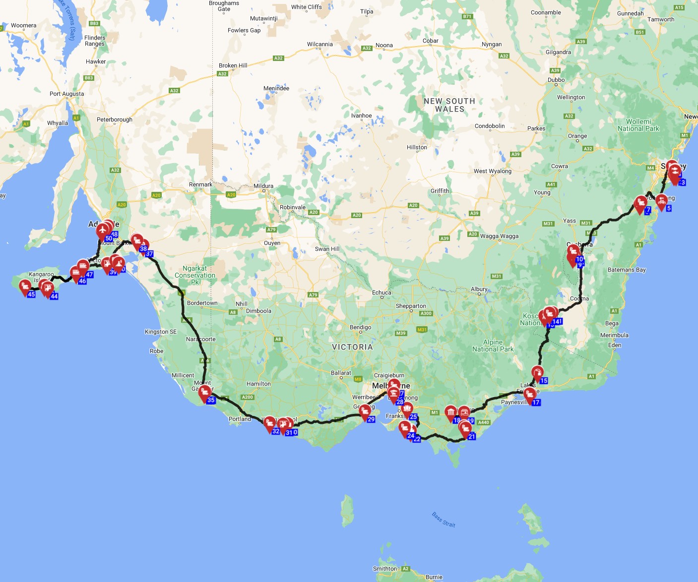 Map for Sydney to Adelaide - Including Kangaroo Island